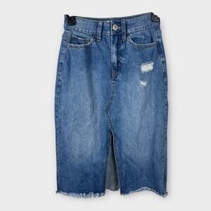 Y2K Distressed Denim Skirt Long Jean Skirt Medium Wash 0/24W